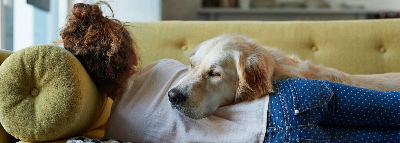 Tired lady lying on the sofa with her dog