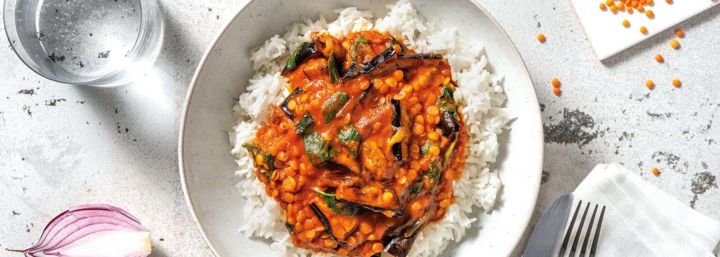 A delicious bowl of red lentil and spinach dal 